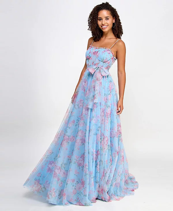 City Studios Juniors Floral-Print Bustier Gown  Color Sky Rose Size 7/8