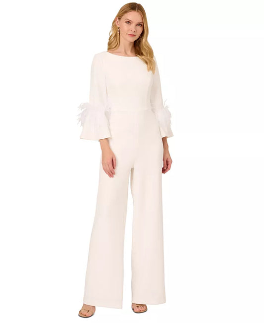 Adrianna Papell Women's Faux-Feather Bell-Sleeve Jumpsuit  Color Ivory Size 16