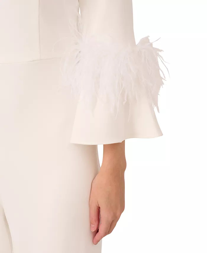 Adrianna Papell Women's Faux-Feather Bell-Sleeve Jumpsuit  Color Ivory Size 16