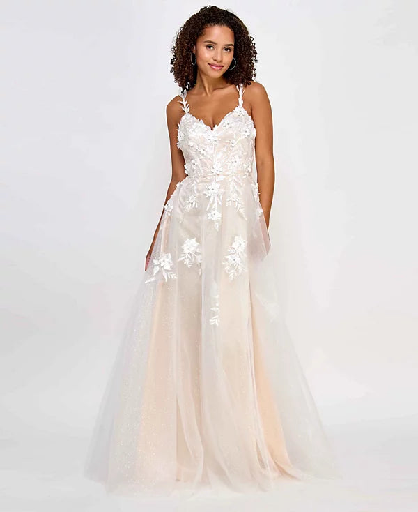 Say Yes Juniors Embellished Flower-Bodice Ball Gown  Color Ivory/frnc Size 5/6