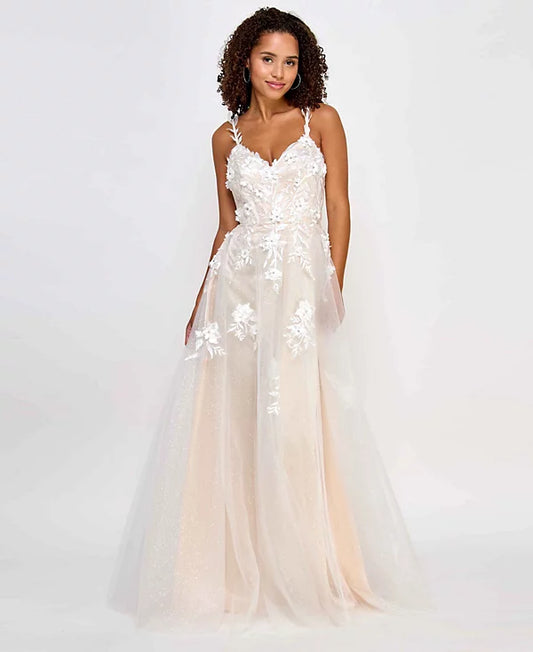 Say Yes Juniors Embellished Flower-Bodice Ball Gown  Color Ivory/frnc Size 5/6