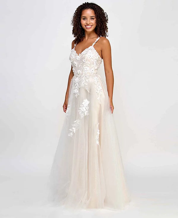 Say Yes Juniors Embellished Flower-Bodice Ball Gown  Color Ivory/frnc Size 5/6