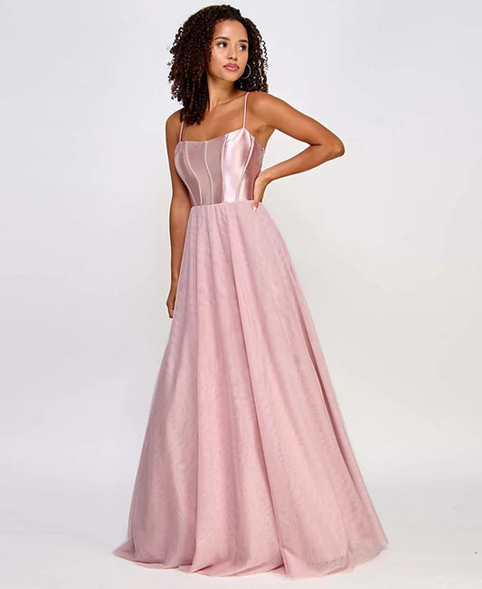 City Studios Juniors Metallic Corset-Bodice Lace-Back Gown  Color French Rose Size 15/16