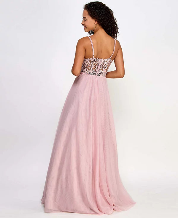 City Studios Juniors Metallic Corset-Bodice Lace-Back Gown  Color French Rose Size 15/16