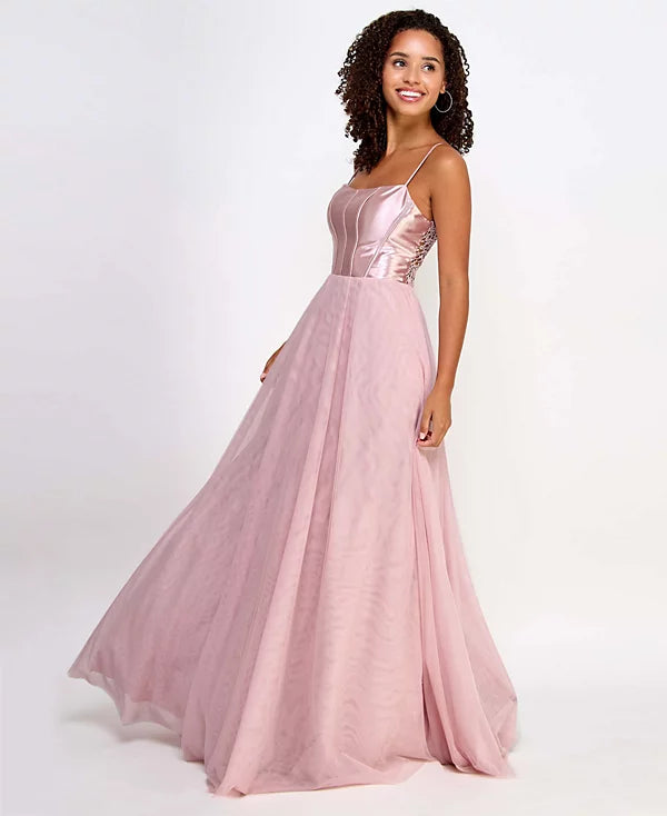 City Studios Juniors Metallic Corset-Bodice Lace-Back Gown  Color French Rose Size 15/16