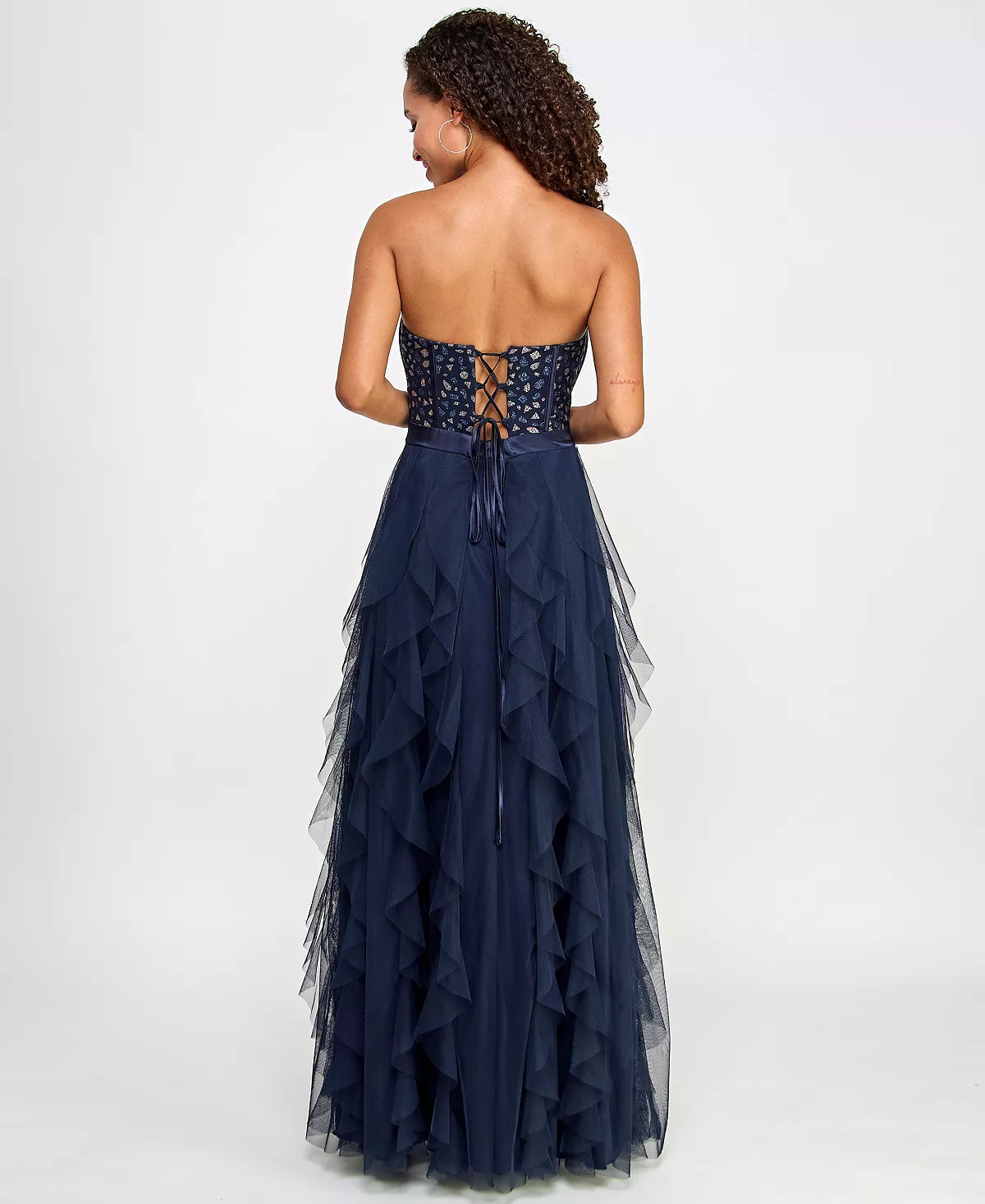 pear culture Juniors Embellished Ruffled Strapless Gown  Color Navy Size 1