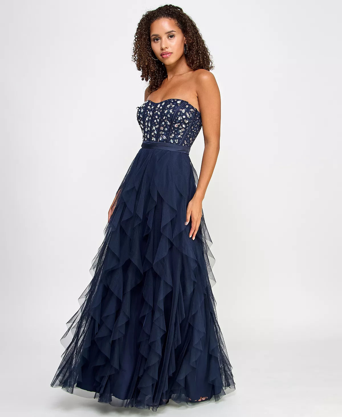 pear culture Juniors Embellished Ruffled Strapless Gown  Color Navy Size 1