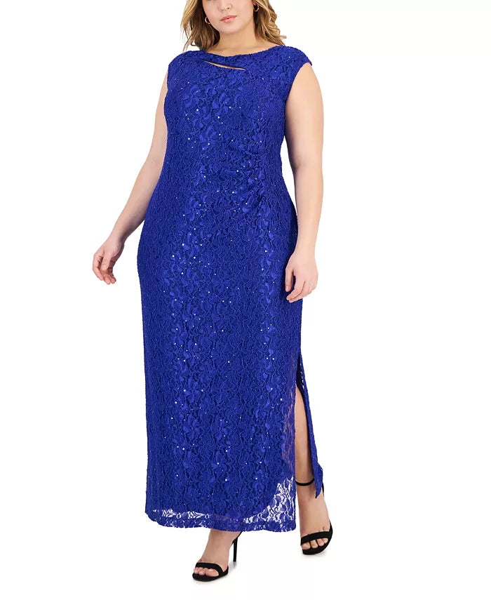Connected Plus Size Cutout-Detail Lace Maxi Dress  Cobalt Size 14W