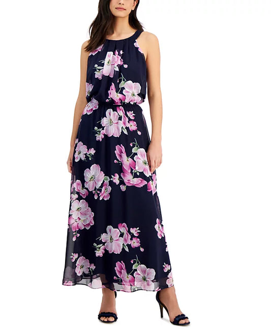 Robbie Bee Petite Halter Floral Print Sleeveless Maxi Dress  Color Navy/Orchid Size 12P