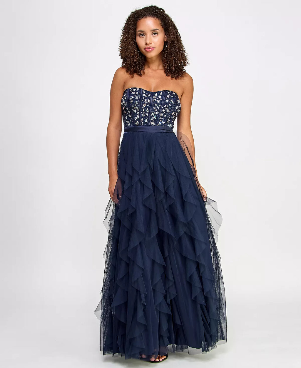 pear culture Juniors Embellished Ruffled Strapless Gown  Color Navy Size 1