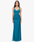 Blondie Nites Juniors Ruched Tie-Back Sleeveless Gown  Color Teal Size 7