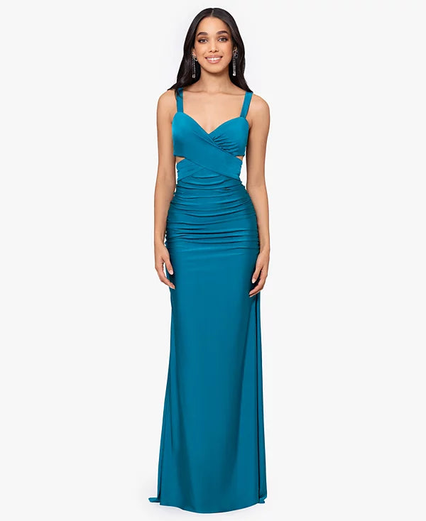 Blondie Nites Juniors Ruched Tie-Back Sleeveless Gown  Color Teal Size 7