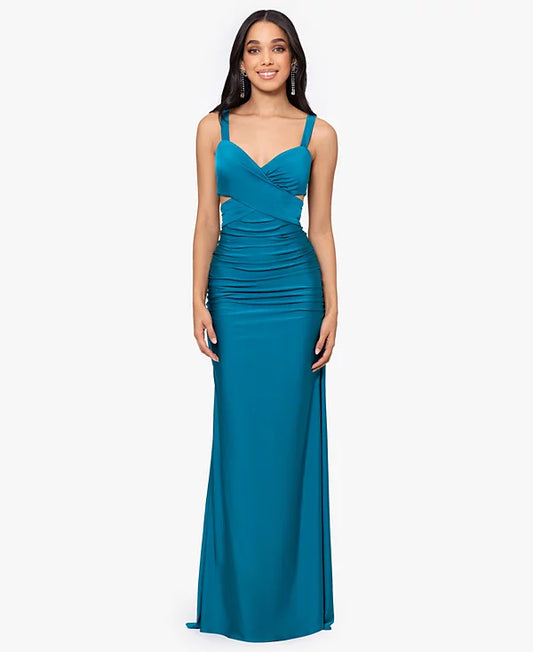Blondie Nites Juniors Ruched Tie-Back Sleeveless Gown  Color Teal Size 7