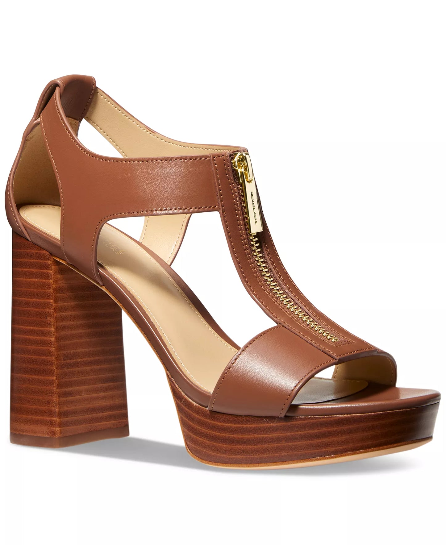 Michael Kors Women's Berkley Mid Platform T-Strap Sandals  Luggage Leather Size 8
