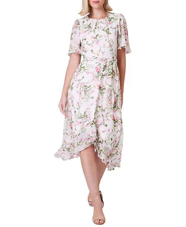 Jessica Howard Petite Printed Flutter-Sleeve Faux-Wrap Dress  Color Ivory/Blush Size 12P