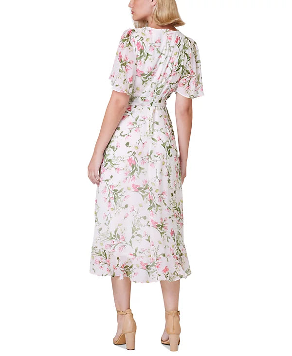 Jessica Howard Petite Printed Flutter-Sleeve Faux-Wrap Dress  Color Ivory/Blush Size 12P