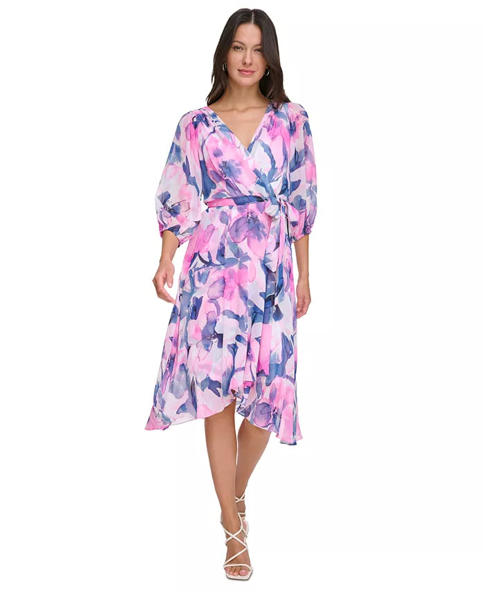 DKNY Women's Balloon-Sleeve Tie-Waist Dress  Power Pink Size 14