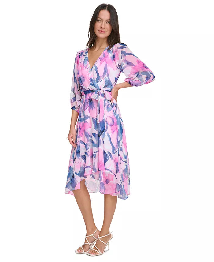 DKNY Women's Balloon-Sleeve Tie-Waist Dress  Power Pink Size 14