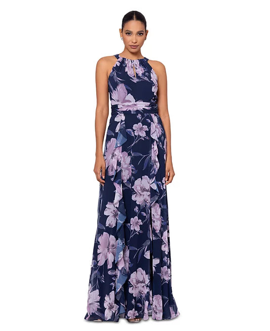 XSCAPE Women's Floral Chiffon Halter-Neck Gown  Color Navy/Mauve Size 12