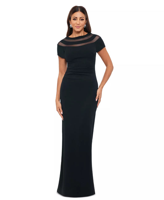 XSCAPE Petite Illusion-Neck Ruched-Back Scuba Crepe Gown  Black Size 12P (No Tag)