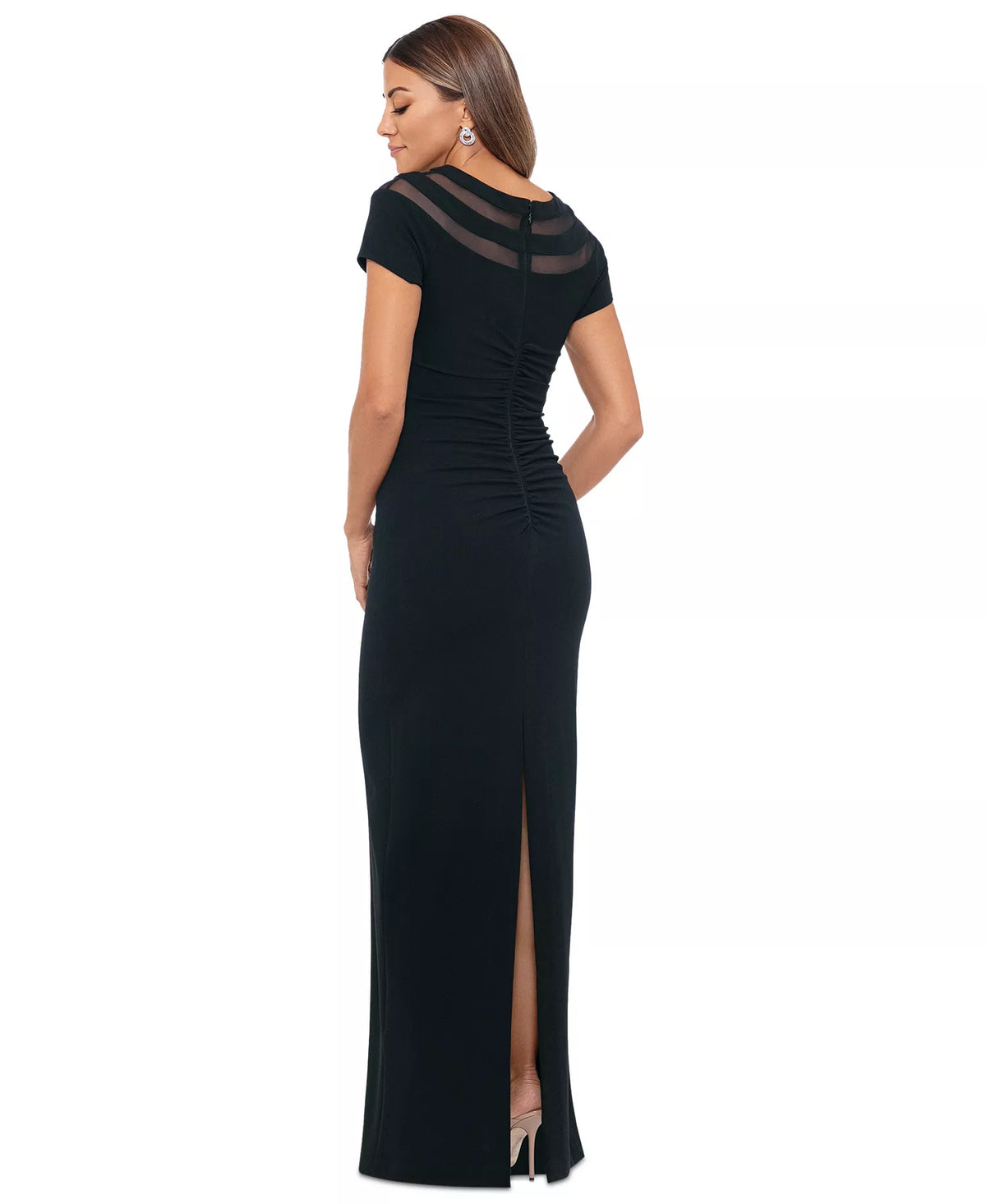 XSCAPE Petite Illusion-Neck Ruched-Back Scuba Crepe Gown  Black Size 12P (No Tag)