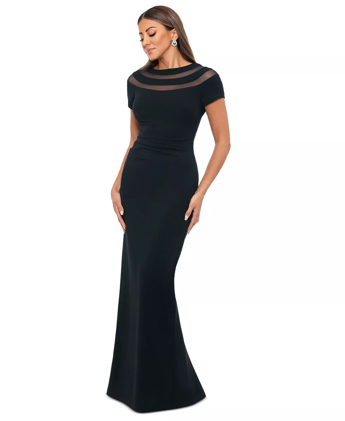 XSCAPE Petite Illusion-Neck Ruched-Back Scuba Crepe Gown  Black Size 12P (No Tag)