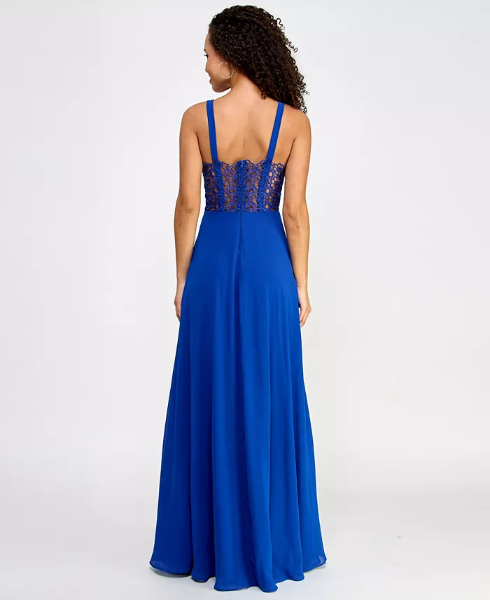 City Studios Juniors' Straight-Neck Lace-Back Chiffon Skater Gown  Royal Blue Size 7/8