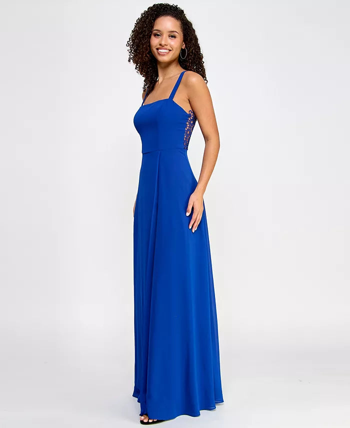 City Studios Juniors' Straight-Neck Lace-Back Chiffon Skater Gown  Royal Blue Size 7/8