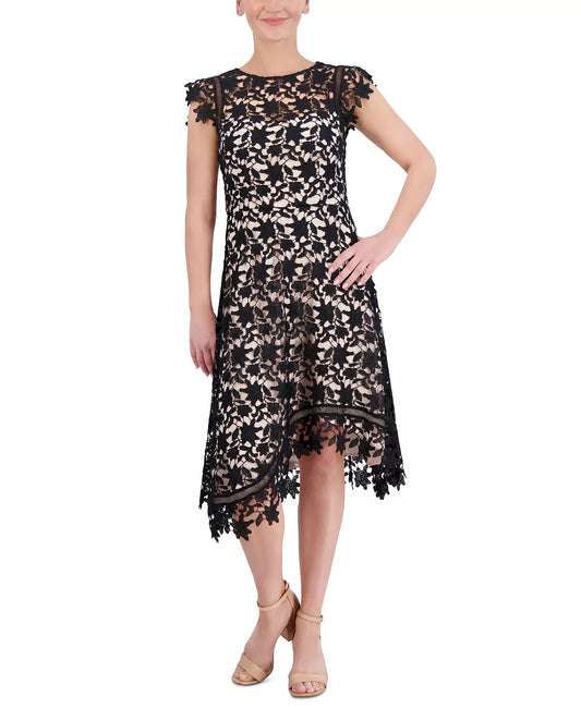 Eliza J Lace Asymmetrical-Hem Midi Dress  Color Black/Natural Size 12
