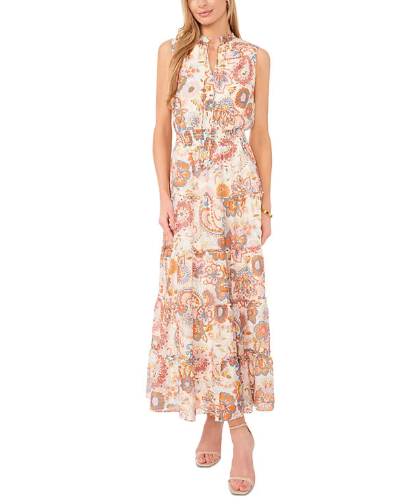 MSK Women's Printed Tie-Neck Sleeveless Maxi Dress  Color Vanilla Ice Size XL