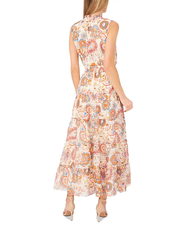MSK Women's Printed Tie-Neck Sleeveless Maxi Dress  Color Vanilla Ice Size XL