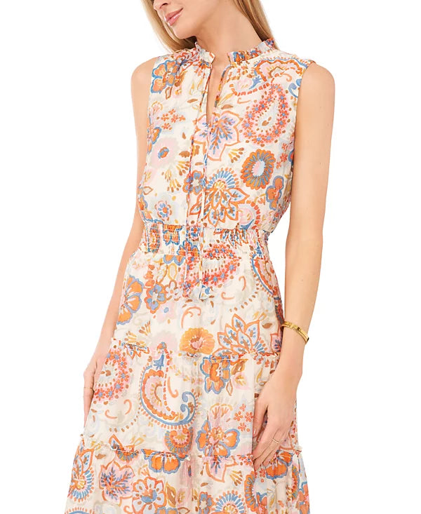 MSK Women's Printed Tie-Neck Sleeveless Maxi Dress  Color Vanilla Ice Size XL