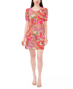 MSK Petite Printed Puff-Sleeve A-Line Dress  Fuchsia Size PM