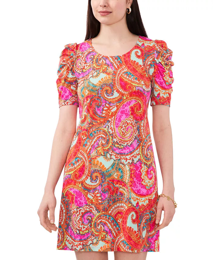 MSK Petite Printed Puff-Sleeve A-Line Dress  Fuchsia Size PM