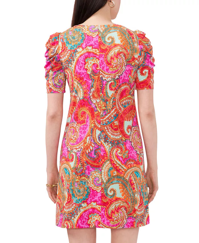 MSK Petite Printed Puff-Sleeve A-Line Dress  Fuchsia Size PM