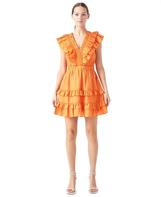 endless rose Women's V-Neck Ruffle-Trim Mini Dress  Color Orange Size XL