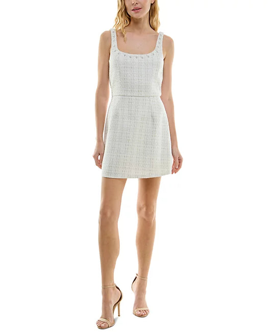 Trixxi Juniors Faux-Pearl-Trim-Neck Sleeveless Dress  Color Ivory/Gold Size M