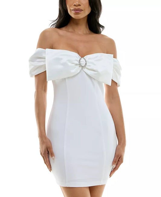 B Darlin Juniors Off-The-Shoulder Bow-Neck Bodycon Dress  White Size 3/4