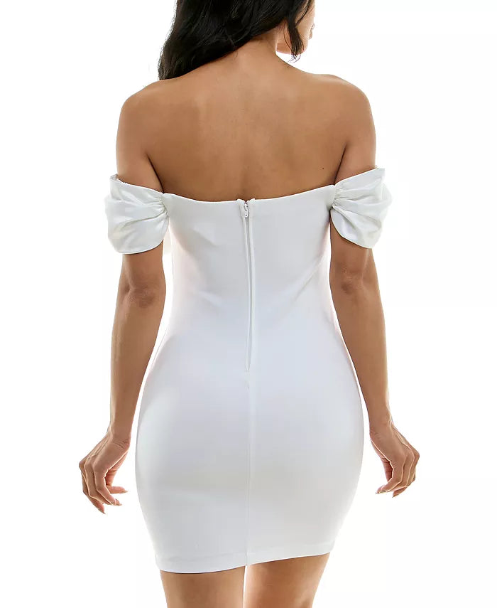B Darlin Juniors Off-The-Shoulder Bow-Neck Bodycon Dress  White Size 3/4
