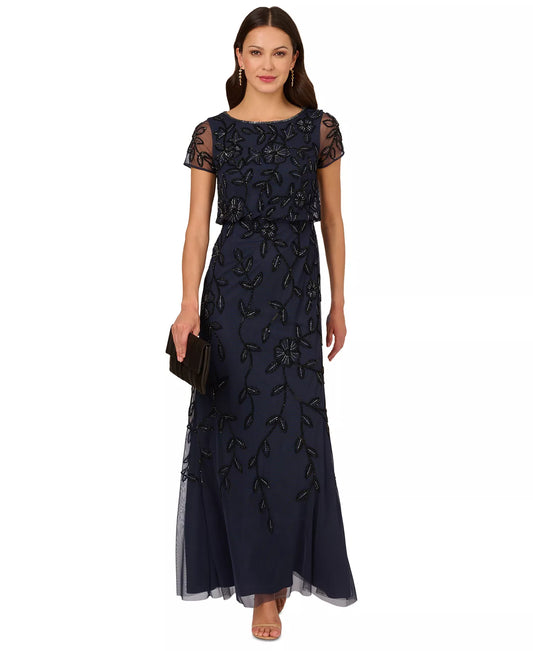 Adrianna Papell Women's Floral Blouson Embellished Gown  Navy/Black Size 12P