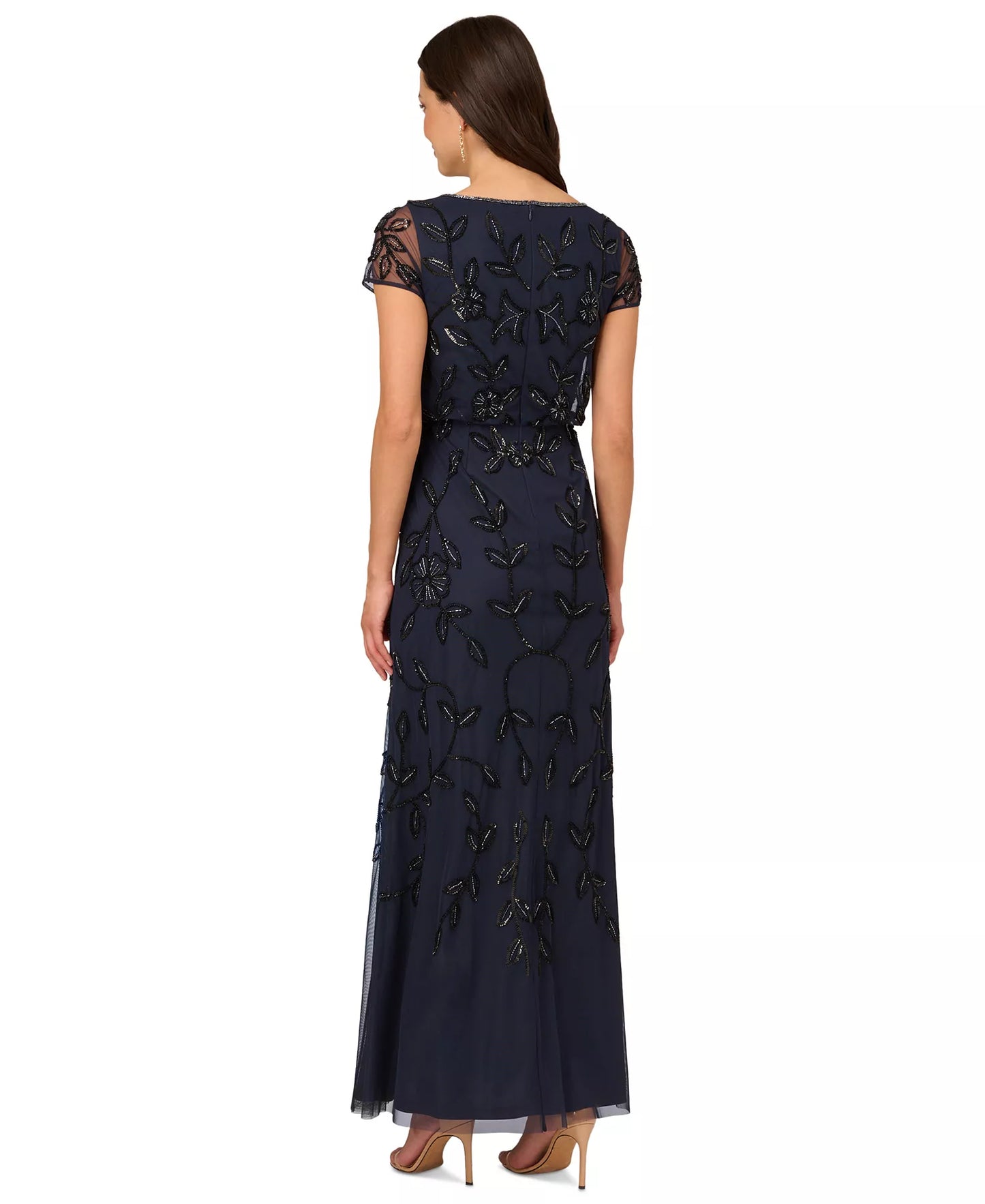 Adrianna Papell Women's Floral Blouson Embellished Gown  Navy/Black Size 12P