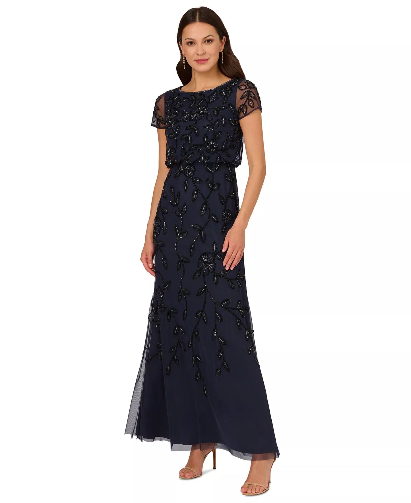 Adrianna Papell Women's Floral Blouson Embellished Gown  Navy/Black Size 12P