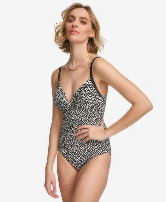 Calvin Klein Twist-Front Tummy-Control One-Piece Swimsuit  Black/Soft White Size 10