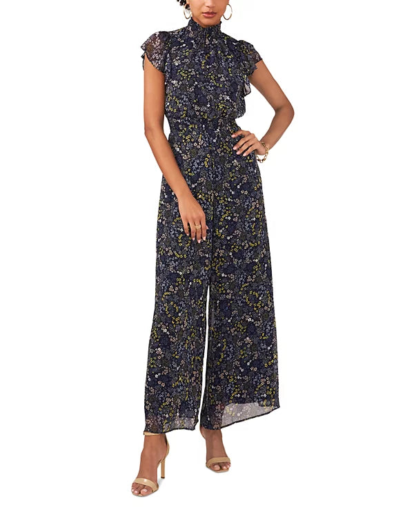 MSK Floral-Print Flutter-Sleeve Smocked Jumpsuit  Color Denim/Yellow Size XL