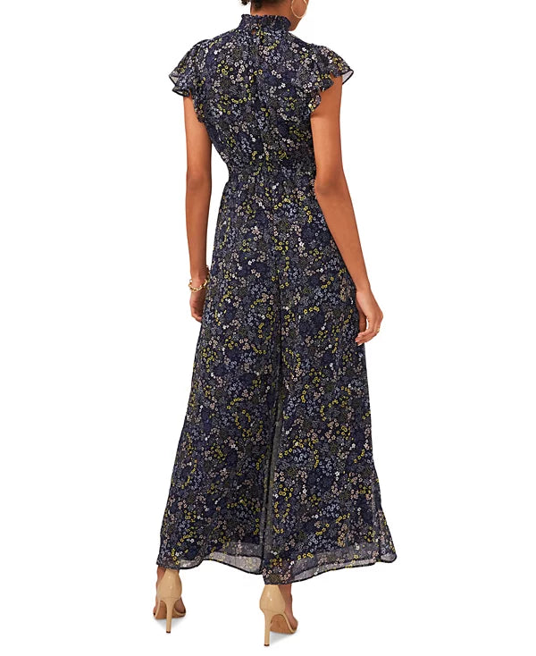MSK Floral-Print Flutter-Sleeve Smocked Jumpsuit  Color Denim/Yellow Size XL
