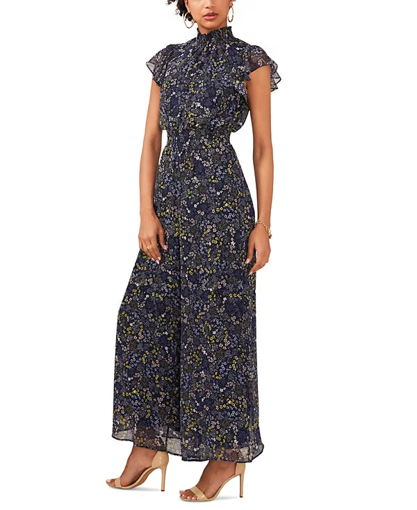MSK Floral-Print Flutter-Sleeve Smocked Jumpsuit  Color Denim/Yellow Size XL