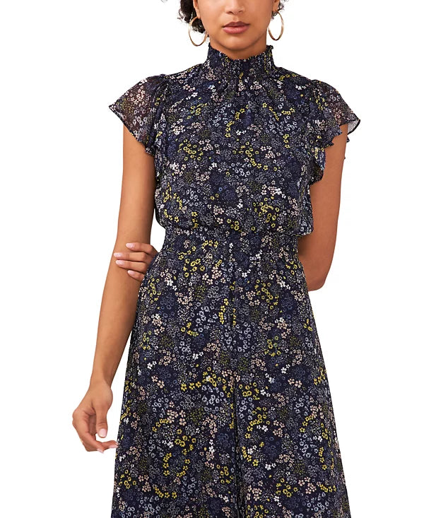 MSK Floral-Print Flutter-Sleeve Smocked Jumpsuit  Color Denim/Yellow Size XL