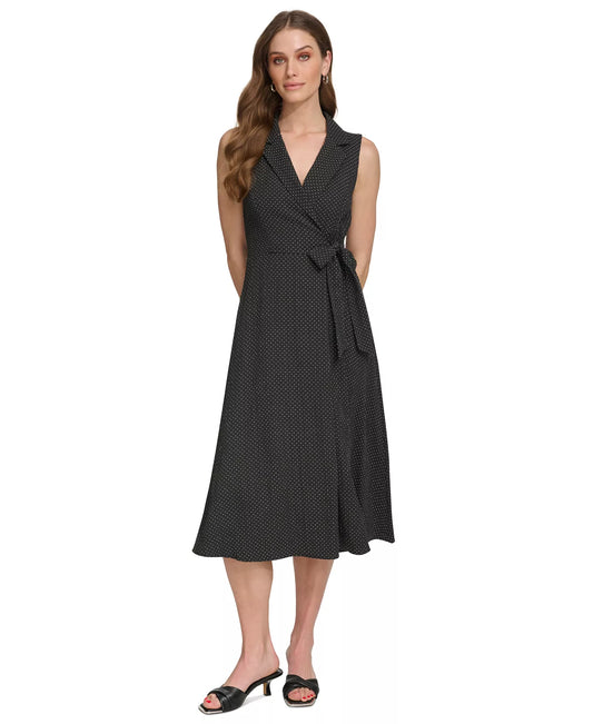 DKNY Women's Printed Tie-Waist Sleeveless A-Line Dress  Polka Black Size 4