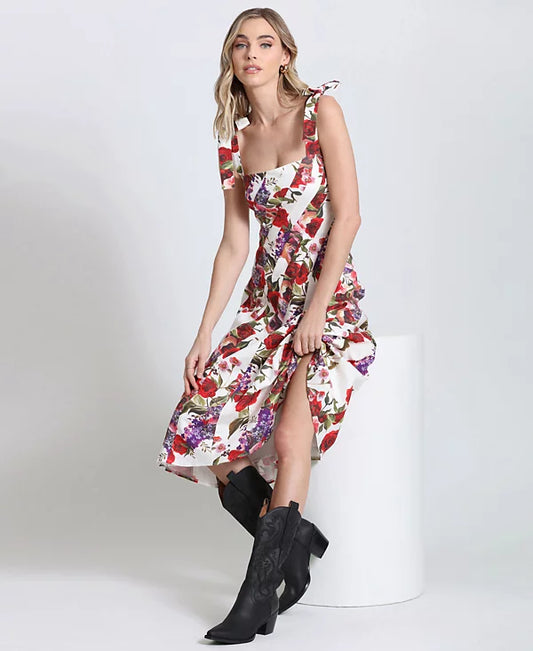 Avec Les Filles Linen-Blend Floral-Print Fit & Flare Dress  Color Portofino Size 14