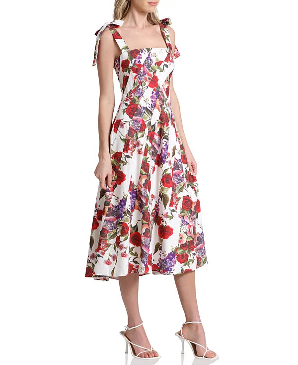 Avec Les Filles Linen-Blend Floral-Print Fit & Flare Dress  Color Portofino Size 4